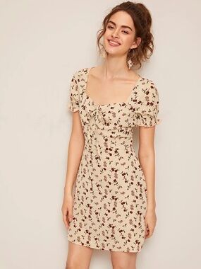 Cream Floral Tie-Front A-Line Dress